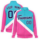 Custom Sky Blue Pink Raglan Sleeves Varsity Full-Snap Letterman Baseball Jacket | BuyFootballJersey