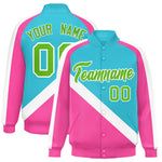 Custom Sky Blue Pink Raglan Sleeves Varsity Full-Snap Letterman Baseball Jacket | BuyFootballJersey
