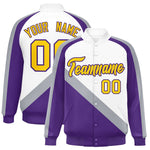 Custom White Purple Raglan Sleeves Varsity Full-Snap Letterman Baseball Jacket | BuyFootballJersey