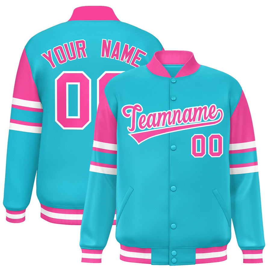 Custom Sky Blue Varsity Full-Snap Color Block Letterman Jacket | BuyFootballJersey