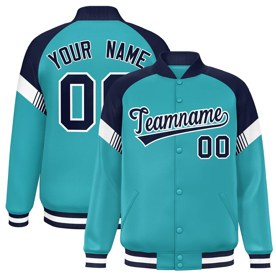 Custom Aqua Navy-White Varsity Full-Snap Color Block Letterman Jacket | BuyFootballJersey
