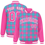 Custom Sky Blue Pink-White Varsity Full-Snap Plaid Pattern Letterman Baseball Jacket | BuyFootballJersey