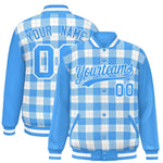 Custom White Powder Blue-Gray Varsity Full-Snap Plaid Pattern Letterman Baseball Jacket | BuyFootballJersey