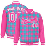 Custom Sky Blue Pink-White Varsity Full-Snap Plaid Pattern Letterman Baseball Jacket | BuyFootballJersey