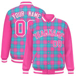 Custom Sky Blue Pink-White Varsity Full-Snap Plaid Pattern Letterman Baseball Jacket | BuyFootballJersey
