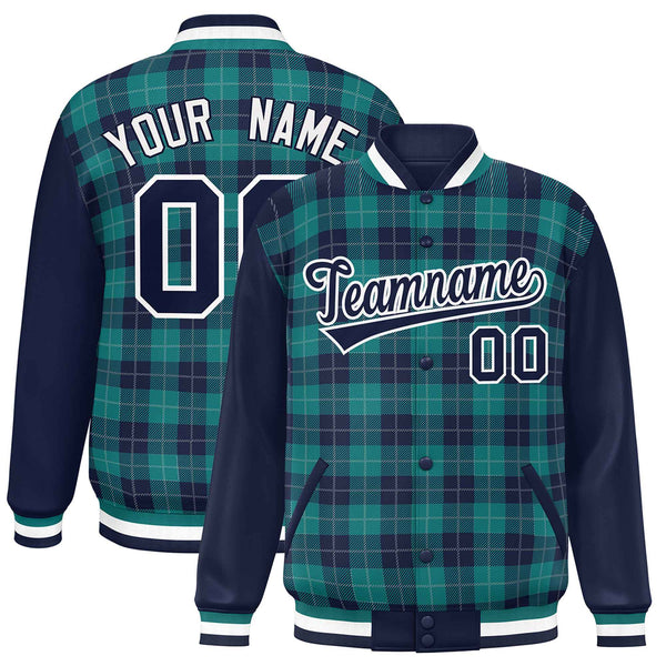 Custom Aqua Navy-Gray Varsity Full-Snap Plaid Pattern Letterman Baseball Jacket | BuyFootballJersey