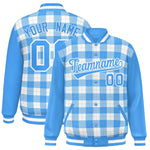 Custom White Powder Blue-Gray Varsity Full-Snap Plaid Pattern Letterman Baseball Jacket | BuyFootballJersey