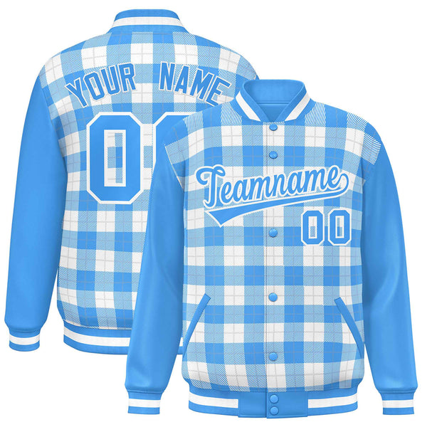 Custom White Powder Blue-Gray Varsity Full-Snap Plaid Pattern Letterman Baseball Jacket | BuyFootballJersey