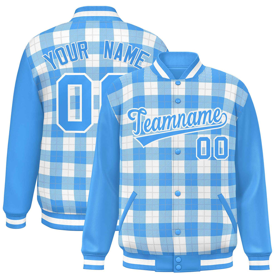 Custom White Powder Blue-Gray Varsity Full-Snap Plaid Pattern Letterman Baseball Jacket | BuyFootballJersey