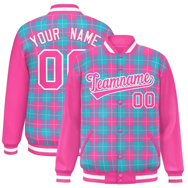 Custom Sky Blue Pink-White Varsity Full-Snap Plaid Pattern Letterman Baseball Jacket | BuyFootballJersey