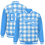 Custom White Powder Blue-Gray Varsity Full-Snap Plaid Pattern Letterman Baseball Jacket | BuyFootballJersey