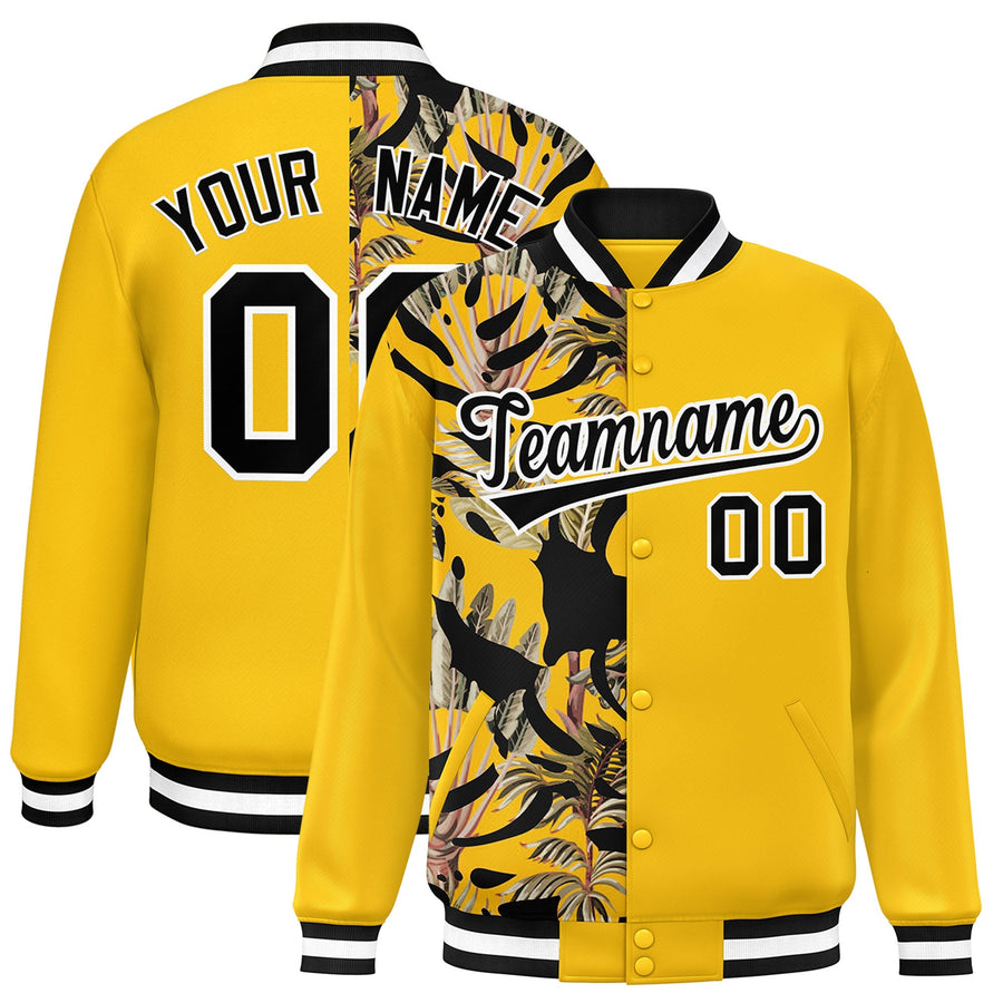 Custom Yellow Varsity Full-Snap Flower Pattern Letterman Two Tone Split Fashion Jacket | BuyFootballJersey