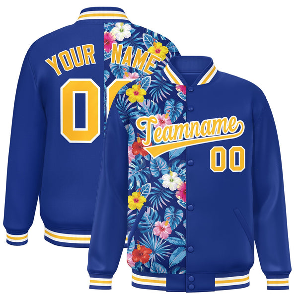 Custom Royal Varsity Full-Snap Flower Pattern Letterman Two Tone Split Fashion Jacket | BuyFootballJersey