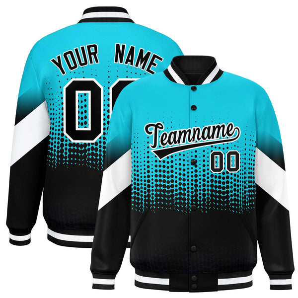 Custom Sky Blue Black Gradient Varsity Full-Snap Polka Dot Pattern Letterman Baseball Jacket | BuyFootballJersey