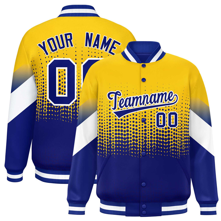 Custom Gold Royal Gradient Varsity Full-Snap Polka Dot Pattern Letterman Baseball Jacket | BuyFootballJersey