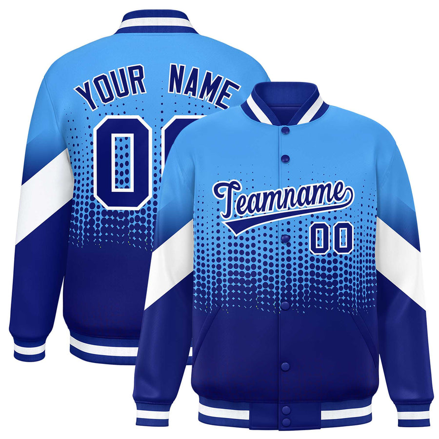 Custom Powder Blue Royal Gradient Varsity Full-Snap Polka Dot Pattern Letterman Baseball Jacket | BuyFootballJersey