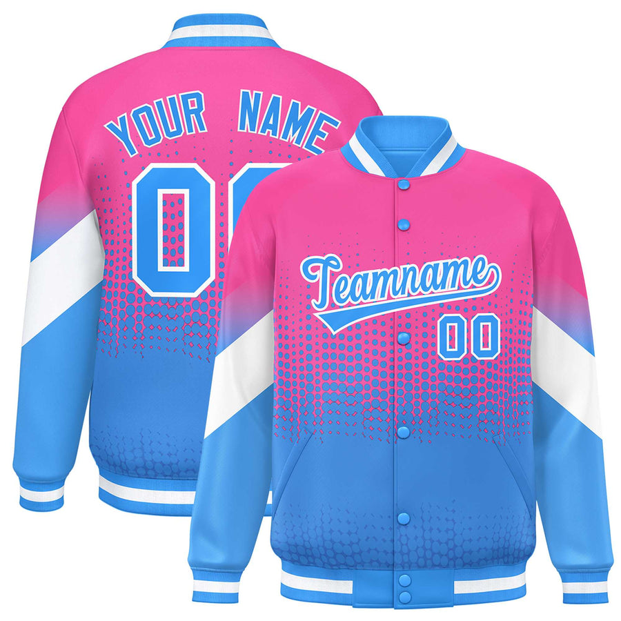 Custom Pink Powder Blue Gradient Varsity Full-Snap Polka Dot Pattern Letterman Baseball Jacket | BuyFootballJersey