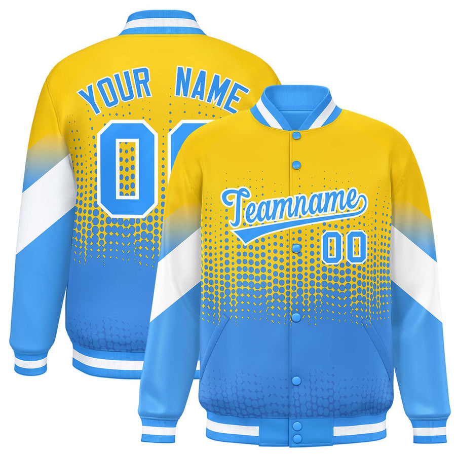 Custom Gold Powder Blue Gradient Varsity Full-Snap Polka Dot Pattern Letterman Baseball Jacket | BuyFootballJersey