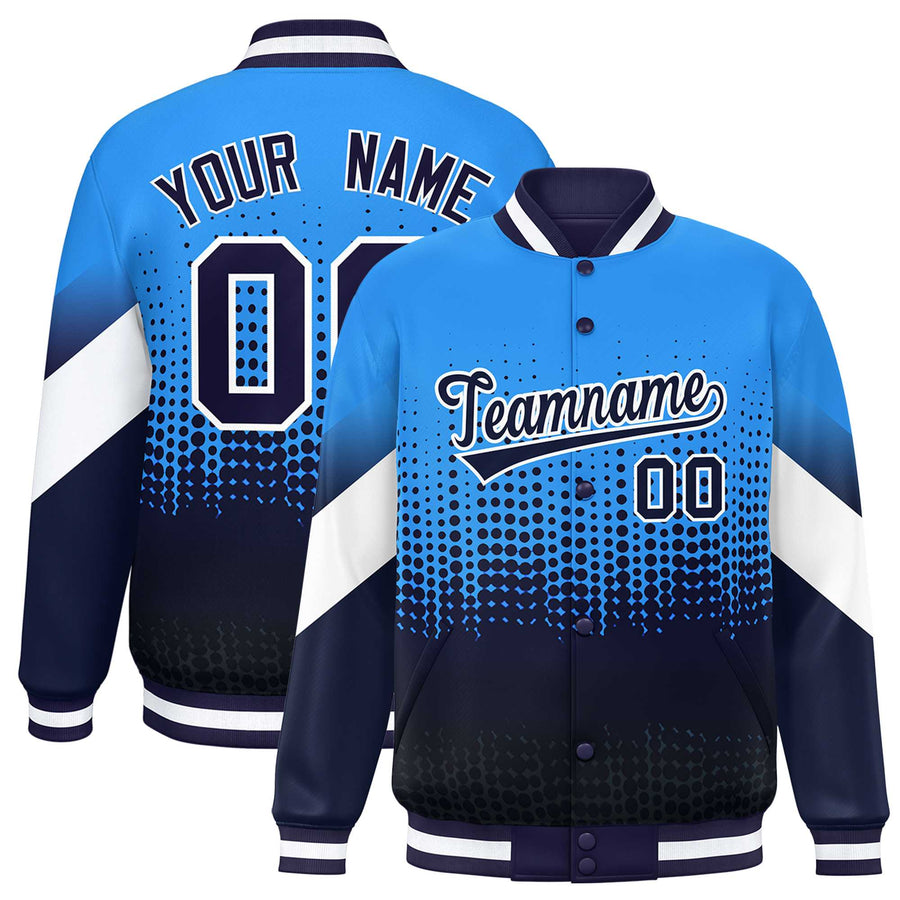Custom Powder Blue Navy Gradient Varsity Full-Snap Polka Dot Pattern Letterman Baseball Jacket | BuyFootballJersey