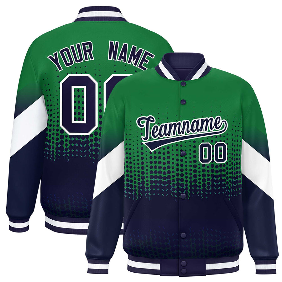 Custom Kelly Green Navy Gradient Varsity Full-Snap Polka Dot Pattern Letterman Baseball Jacket | BuyFootballJersey