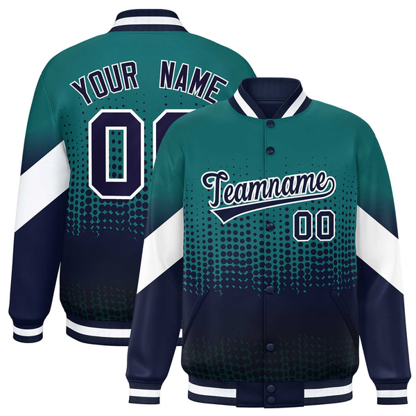 Custom Aqua Navy Gradient Varsity Full-Snap Polka Dot Pattern Letterman Baseball Jacket | BuyFootballJersey