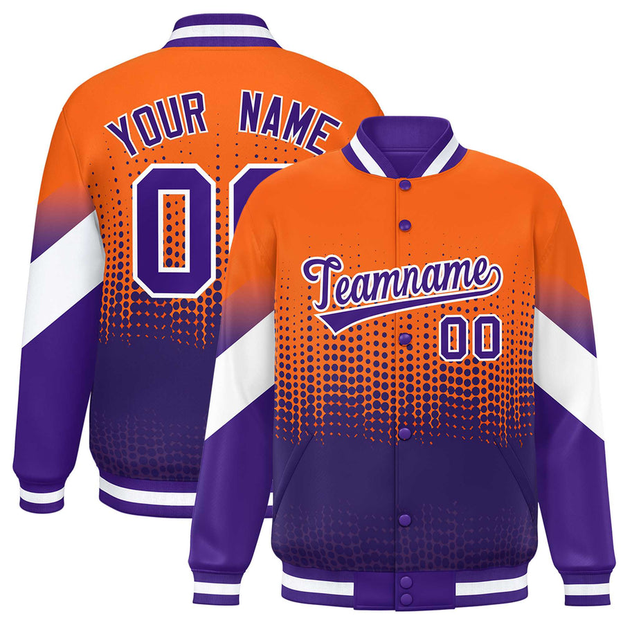 Custom Orange Purple Gradient Varsity Full-Snap Polka Dot Pattern Letterman Baseball Jacket | BuyFootballJersey
