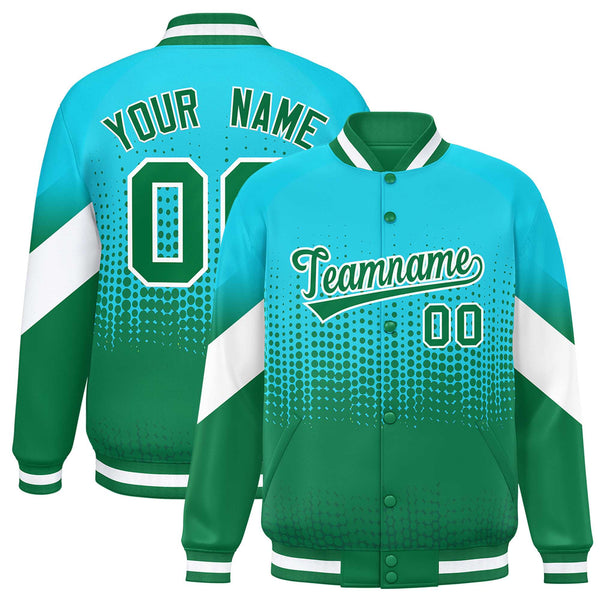 Custom Sky Blue Kelly Green Gradient Varsity Full-Snap Polka Dot Pattern Letterman Baseball Jacket | BuyFootballJersey