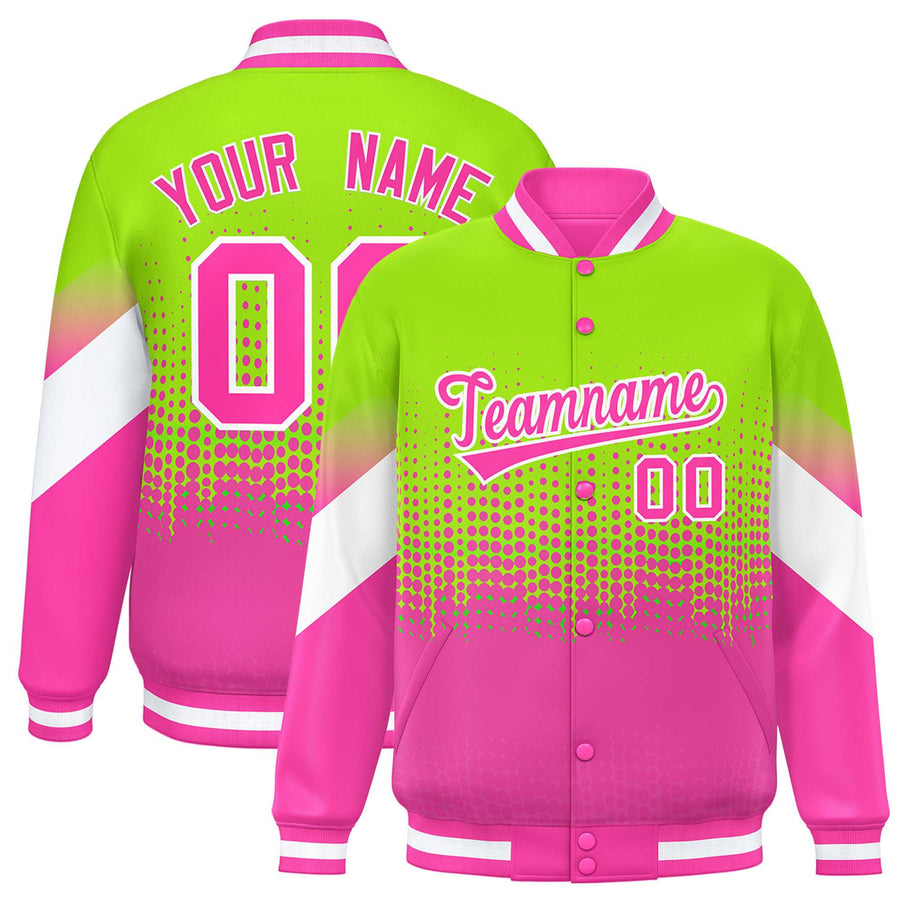 Custom Neon Green Pink Gradient Varsity Full-Snap Polka Dot Pattern Letterman Baseball Jacket | BuyFootballJersey