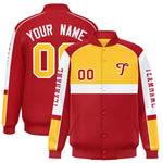 Custom Yellow Red Varsity Full-Snap Raglan Sleeves Letterman Jacket | BuyFootballJersey