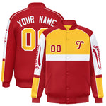 Custom Yellow Red Varsity Full-Snap Raglan Sleeves Letterman Jacket | BuyFootballJersey