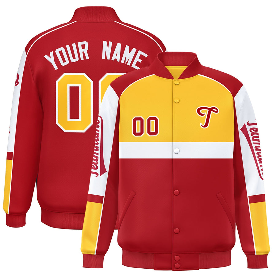 Custom Yellow Red Varsity Full-Snap Raglan Sleeves Letterman Jacket | BuyFootballJersey