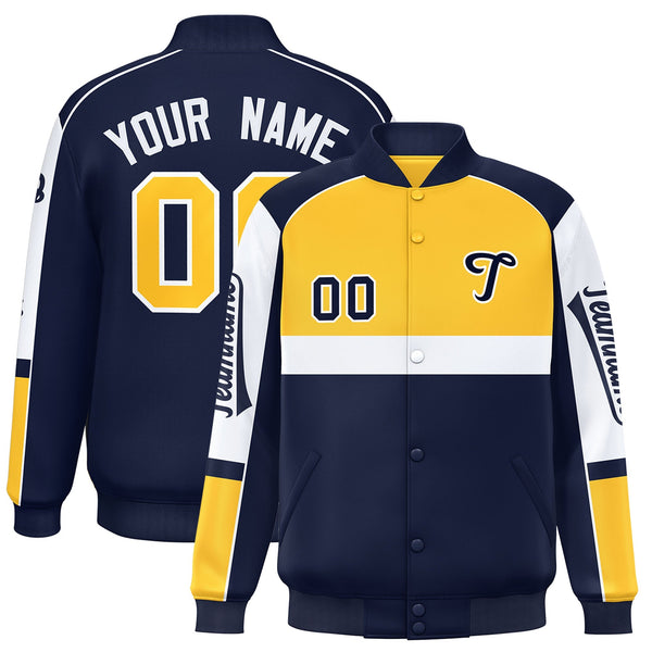 Custom Yellow Navy Varsity Full-Snap Raglan Sleeves Letterman Jacket | BuyFootballJersey