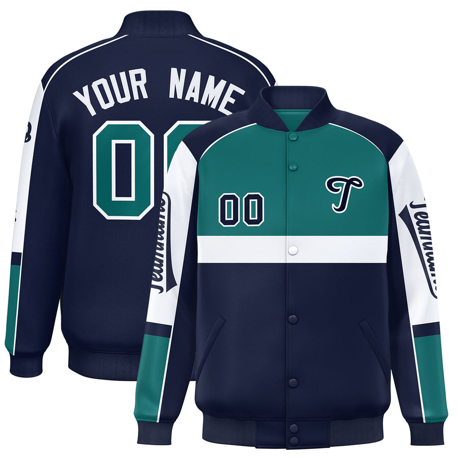 Custom Aqua Navy Varsity Full-Snap Raglan Sleeves Letterman Jacket | BuyFootballJersey