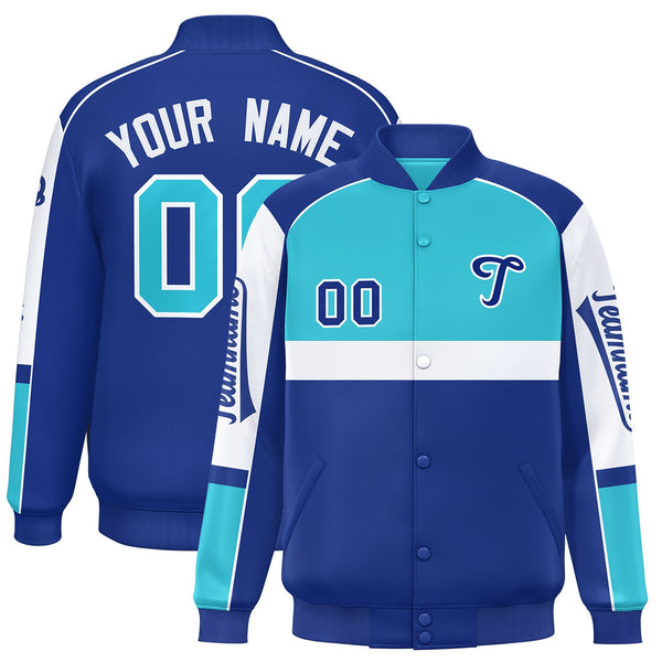 Custom Sky Blue Royal Varsity Full-Snap Raglan Sleeves Letterman Jacket | BuyFootballJersey