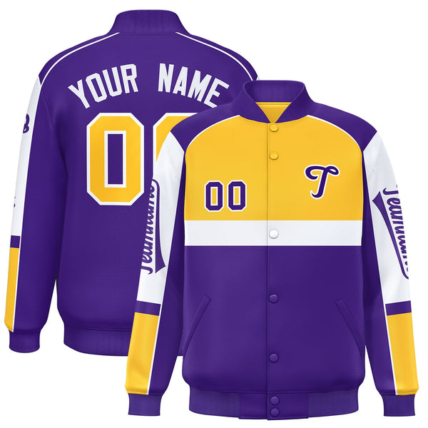 Custom Yellow Purple Varsity Full-Snap Raglan Sleeves Letterman Jacket | BuyFootballJersey