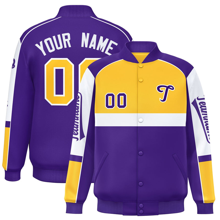 Custom Yellow Purple Varsity Full-Snap Raglan Sleeves Letterman Jacket | BuyFootballJersey