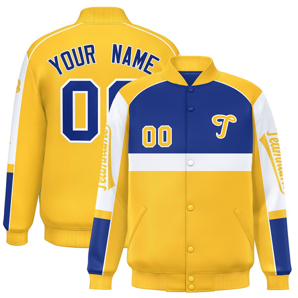 Custom Royal Yellow Varsity Full-Snap Raglan Sleeves Letterman Jacket | BuyFootballJersey