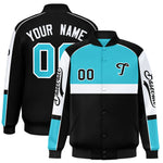 Custom Sky Blue Black Varsity Full-Snap Raglan Sleeves Letterman Jacket | BuyFootballJersey