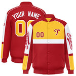 Custom Yellow Red Varsity Full-Snap Raglan Sleeves Letterman Jacket | BuyFootballJersey