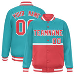 Custom Aqua Light Red Varsity Full-Snap Color Block Letterman Jacket | BuyFootballJersey
