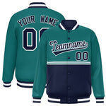 Custom Aqua Navy Varsity Full-Snap Color Block Letterman Jacket | BuyFootballJersey