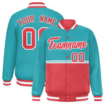 Custom Aqua Light Red Varsity Full-Snap Color Block Letterman Jacket | BuyFootballJersey