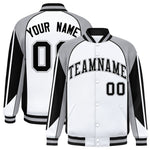 Custom White Gray Varsity Full-Snap Personalized Raglan Sleeves Color Block Letterman Jacket | BuyFootballJersey