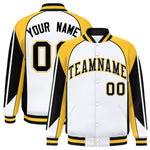 Custom White Gold Varsity Full-Snap Personalized Raglan Sleeves Color Block Letterman Jacket | BuyFootballJersey