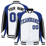 Custom White Royal Varsity Full-Snap Personalized Raglan Sleeves Color Block Letterman Jacket | BuyFootballJersey
