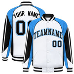 Custom White Powder Blue Varsity Full-Snap Personalized Raglan Sleeves Color Block Letterman Jacket | BuyFootballJersey