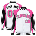 Custom White Pink Varsity Full-Snap Personalized Raglan Sleeves Color Block Letterman Jacket | BuyFootballJersey