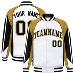 Custom White Old Gold Varsity Full-Snap Personalized Raglan Sleeves Color Block Letterman Jacket | BuyFootballJersey