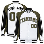 Custom White Olive Varsity Full-Snap Personalized Raglan Sleeves Color Block Letterman Jacket | BuyFootballJersey