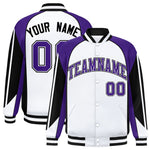 Custom White Purple Varsity Full-Snap Personalized Raglan Sleeves Color Block Letterman Jacket | BuyFootballJersey